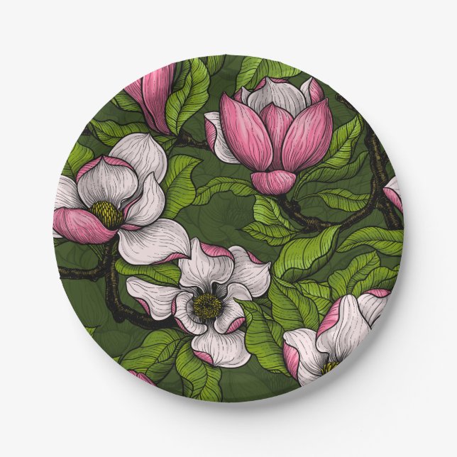 Blooming magnolia on dark green paper plates (Front)