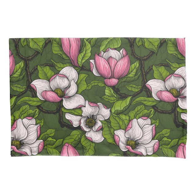 Blooming magnolia on dark green pillow case (Front)