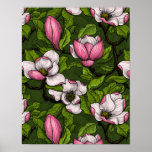 Blooming magnolia on dark green poster<br><div class="desc">Hand drawn vector pattern with magnolia blooms</div>