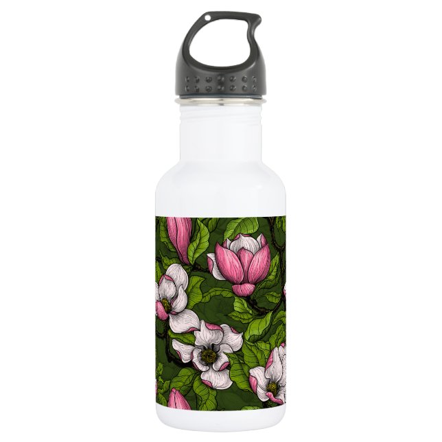 Blooming magnolia on dark green stainless steel water bottle (Front)