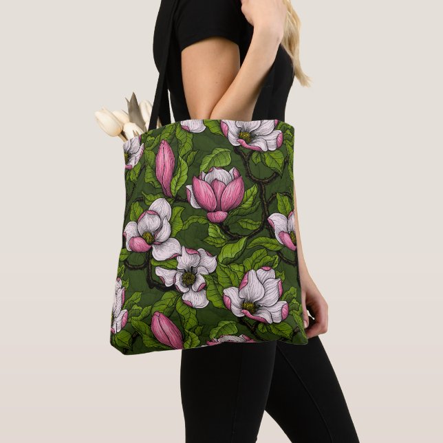Blooming magnolia on dark green tote bag (Close Up)