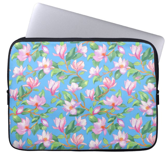 Blooming magnolia on sky blue laptop sleeve (Front)