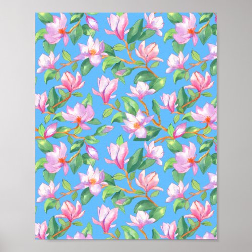 Blooming magnolia on sky blue poster