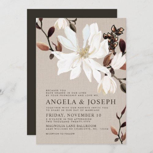 Blooming Magnolias Burlap  Brown Wedding Invitation