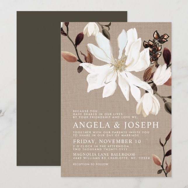 Blooming Magnolias Burlap Wedding Invitation (Front/Back)