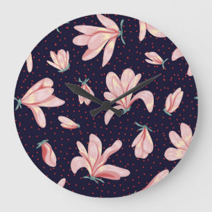 Blooming magnolias, hand-drawn vintage pattern. large clock