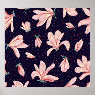 Blooming magnolias, hand-drawn vintage pattern. poster