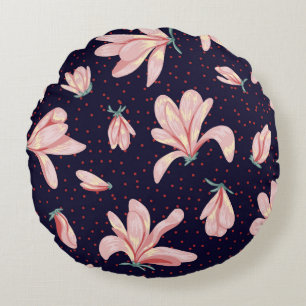 Blooming magnolias, hand-drawn vintage pattern. round pillow