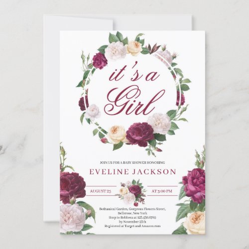 Blooming maroon and cream roses girl baby shower invitation