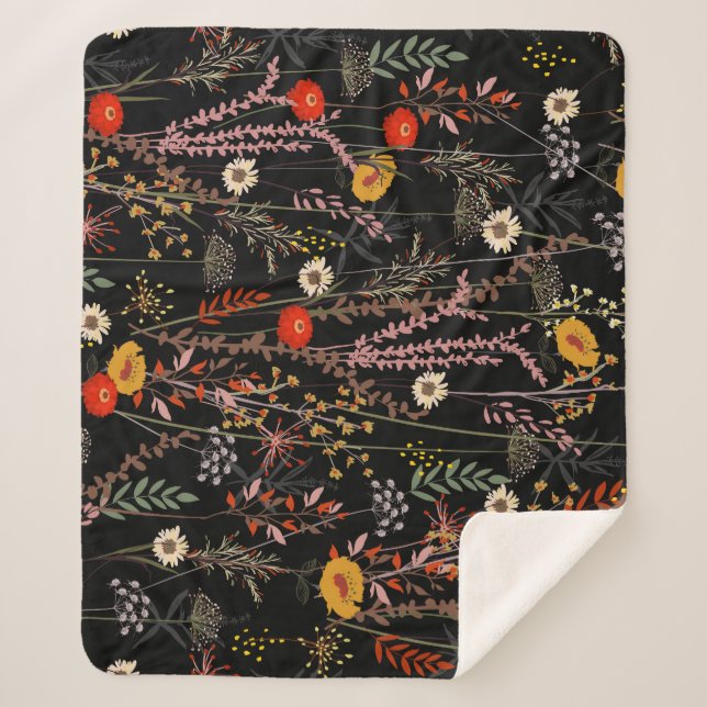 Blooming Meadow Flowers Hand Drawn Sherpa Blanket (Front)
