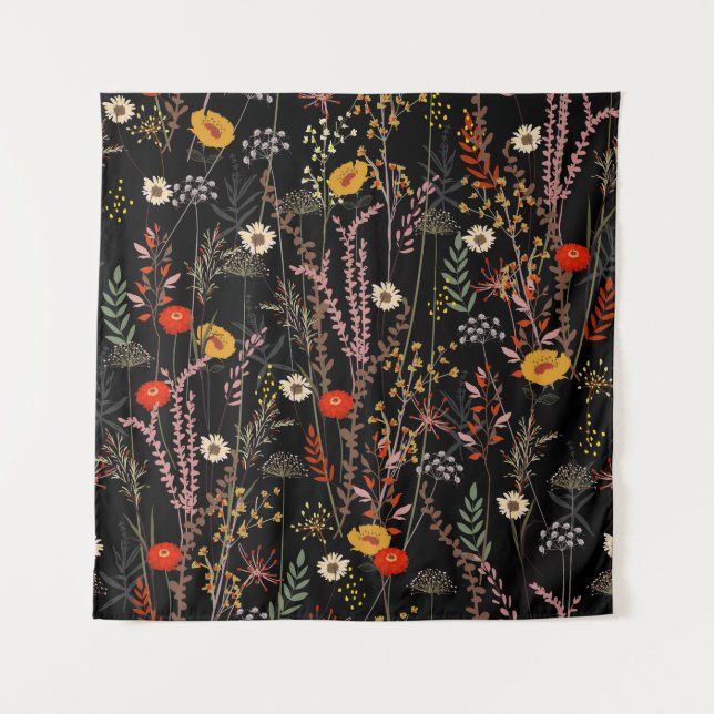 Blooming Meadow Flowers Hand Drawn Tapestry (Front)