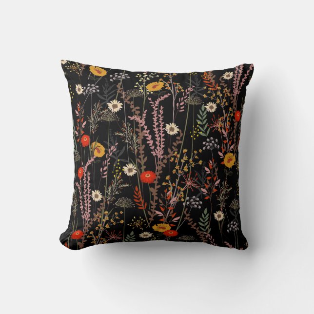 Blooming Meadow Flowers Hand Drawn Throw Pillow (Front)