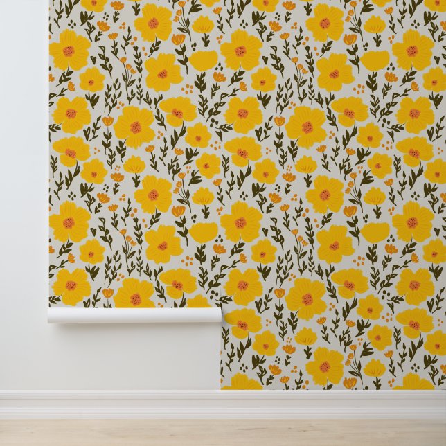 Blooming meadow yellow flowers pattern wallpaper  (Application)