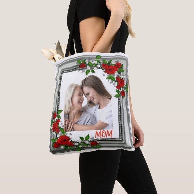 Blooming Memories: Personalized Floral Frame Photo Tote Bag (Close Up)