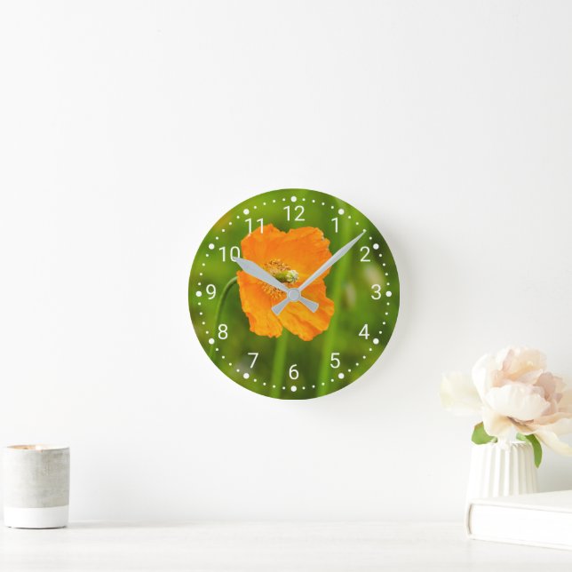 Blooming Orange Poppy Flower Photo On Green Round Clock (Home)