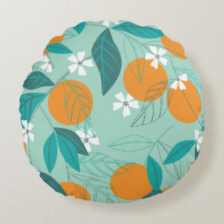 Blooming oranges in leaves. illustration round pillow
