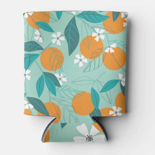 Blooming oranges, leaves, vintage art. can cooler (Front)
