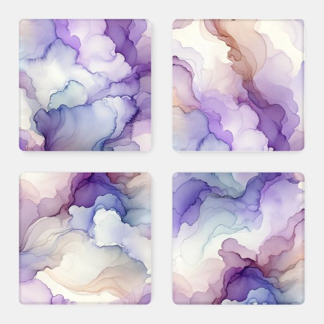 Blooming Orchid Purple Watercolor Abstract Art Coaster Set (Set)