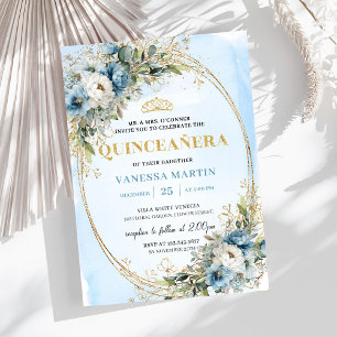 Blooming Pastel Blue Gold Eucalyptus Quinceañera  Invitation