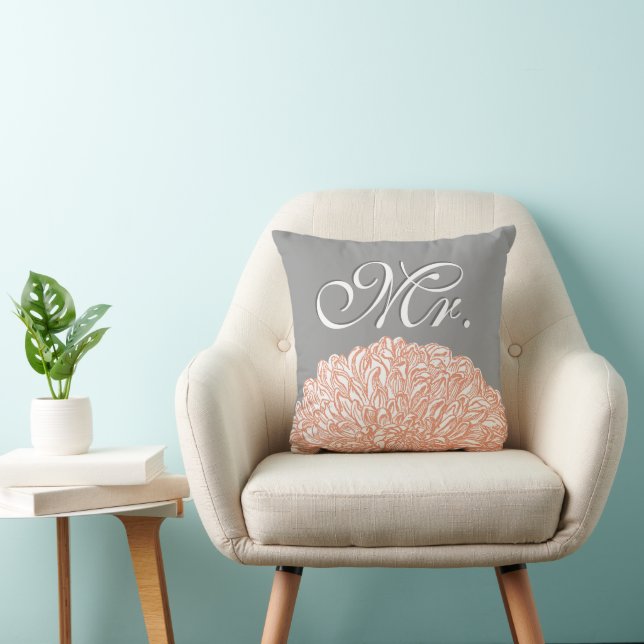Blooming Peach Chrysanthemum Pastel Coral Wedding Throw Pillow (Chair)