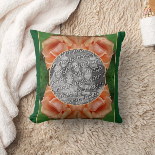 Blooming Peach Rose Frame Create Your Own Photo Throw Pillow