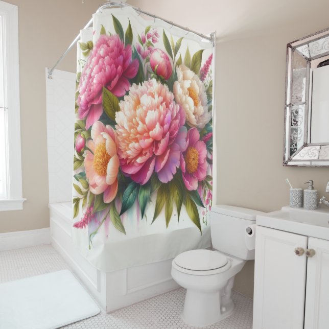 Blooming Peonies Pink Floral Shower Curtain (In Situ)