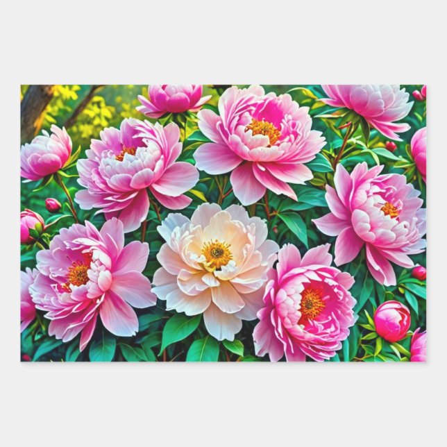 Blooming peonies wrapping paper sheets (Front)