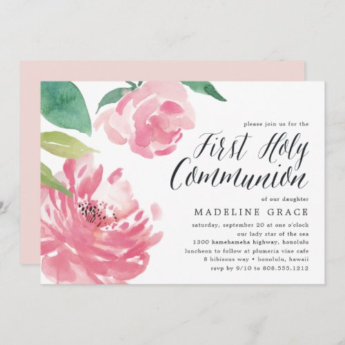 Blooming Peony  First Holy Communion Invitation