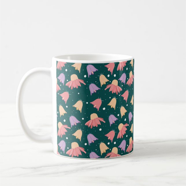 Blooming Petals Pattern in Dark Green Color Coffee Mug (Left)