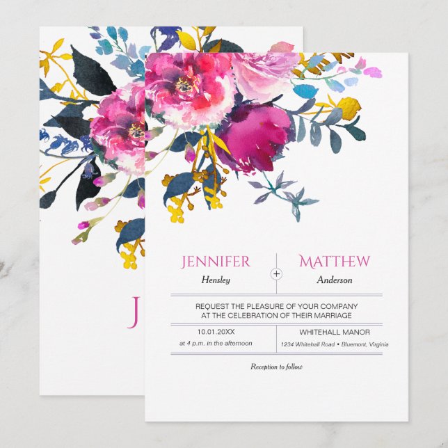 Blooming Petals Watercolor Floral Wedding Invites (Front/Back)