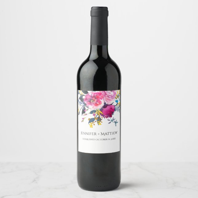 Blooming Petals Watercolor Florals Wine Label (Front)