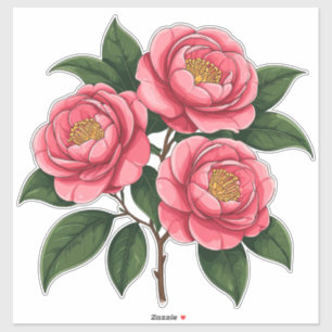 Blooming Pink Camellia Flowers With Green Leaves Sticker