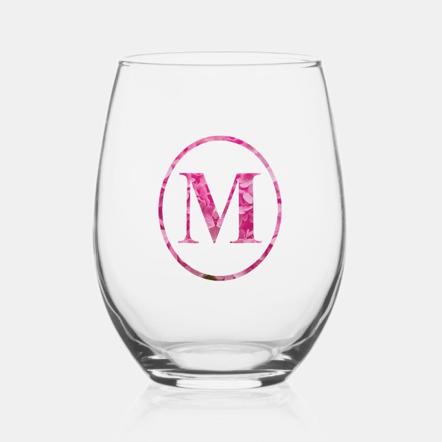 Blooming Pink Floral Monogram Lettering Art "M" Stemless Wine Glass (Front)