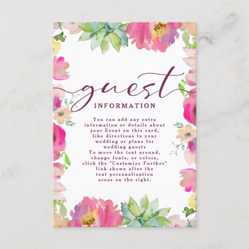 Blooming Pink Floral Wedding Guest Information Enclosure Card