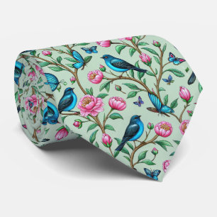 Blooming Pink Flowers Songbirds Green Leaves Mint Neck Tie