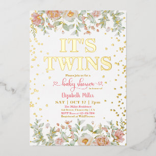 Blooming Pink Flowers Twin Girls Baby Shower Foil Invitation