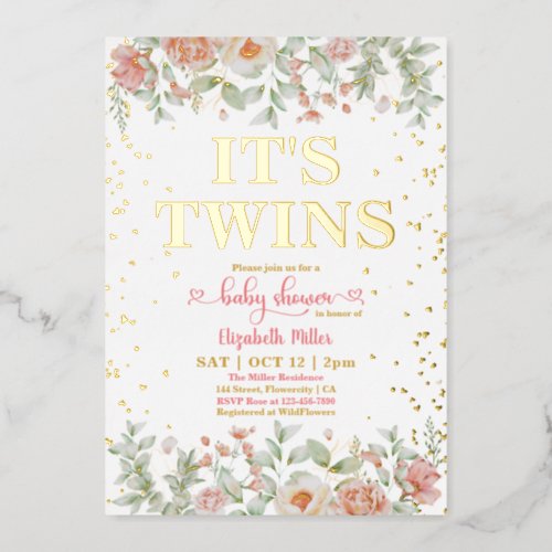 Blooming Pink Flowers Twin Girls Baby Shower Foil Invitation