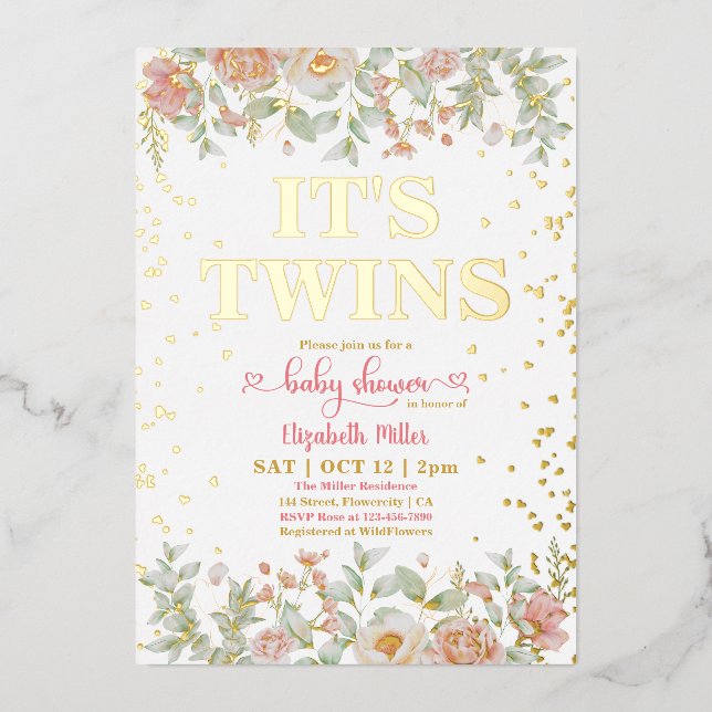 Blooming Pink Flowers Twin Girls Baby Shower Foil Invitation (Front)