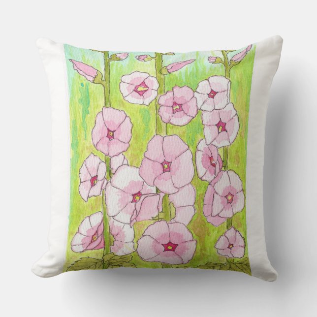Blooming Pink Hollyhocks Watercolor Throw Pillow (Front)