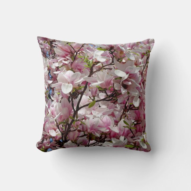 Blooming Pink Magnolia Field Spring Flower Throw Pillow (Front)