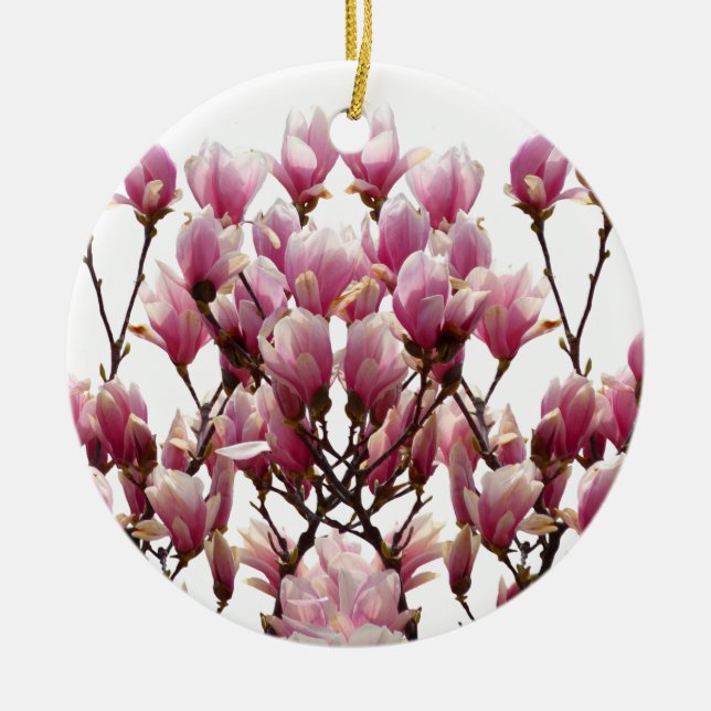 Blooming Pink Magnolias Spring Flower Ceramic Ornament (Front)