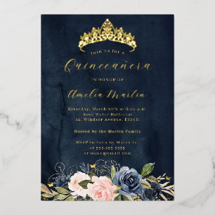 Blooming Pink Navy Floral Butterfly Quinceanera Foil Invitation