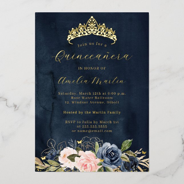 Blooming Pink Navy Floral Butterfly Quinceanera Foil Invitation (Front)