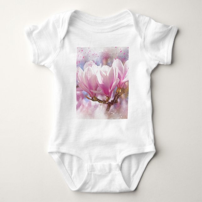 Blooming Pink Purple Magnolia - Spring Flower Baby Bodysuit (Front)