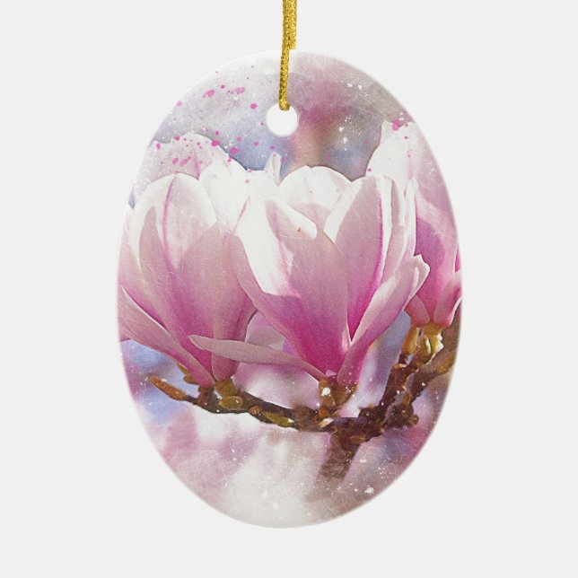 Blooming Pink Purple Magnolia - Spring Flower Ceramic Ornament (Front)