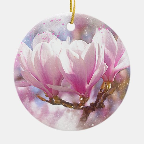 Blooming Pink Purple Magnolia _ Spring Flower Ceramic Ornament