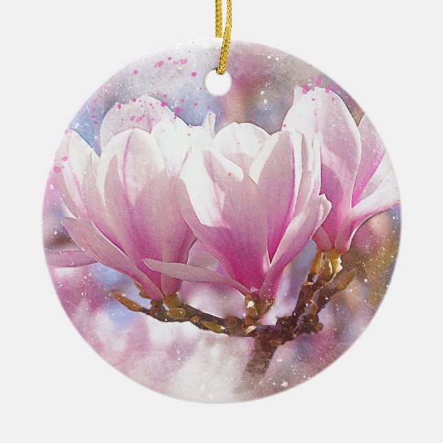 Blooming Pink Purple Magnolia - Spring Flower Ceramic Ornament (Front)