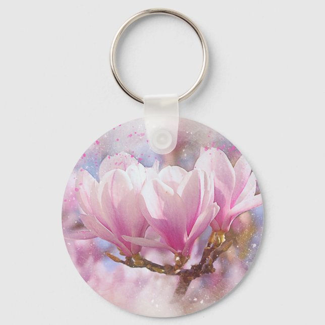 Blooming Pink Purple Magnolia - Spring Flower Keychain (Front)