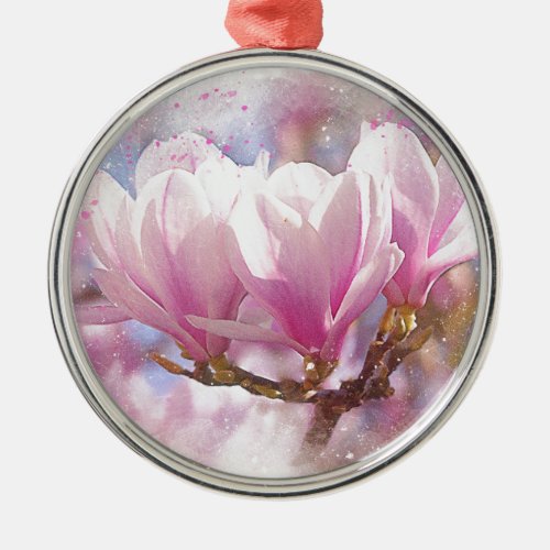 Blooming Pink Purple Magnolia _ Spring Flower Metal Ornament