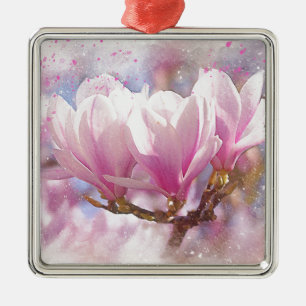 Blooming Pink Purple Magnolia - Spring Flower Metal Ornament